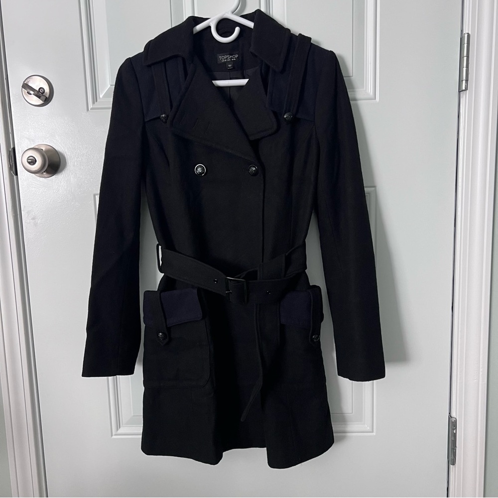 Topshop Coat Womens 6 Black Wool Blend Double Breast Belted Military Trench